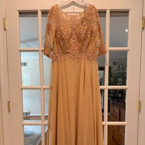 Champagne Sequin Embroidered 3/4 Sleeve Gown
